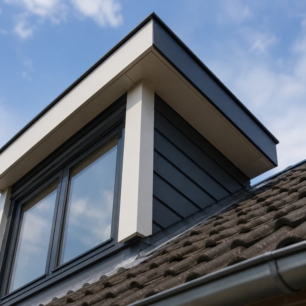 Detail van een moderne dakkapel met antraciet bekleding en witte boeidelen