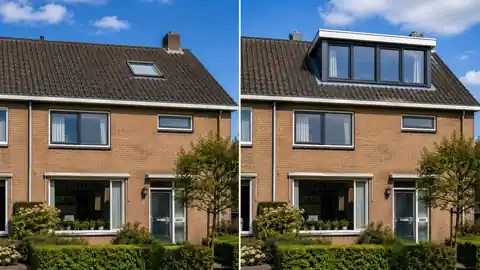 Visueel voorbeeld van een woning voor en na plaatsing van een dakkapel