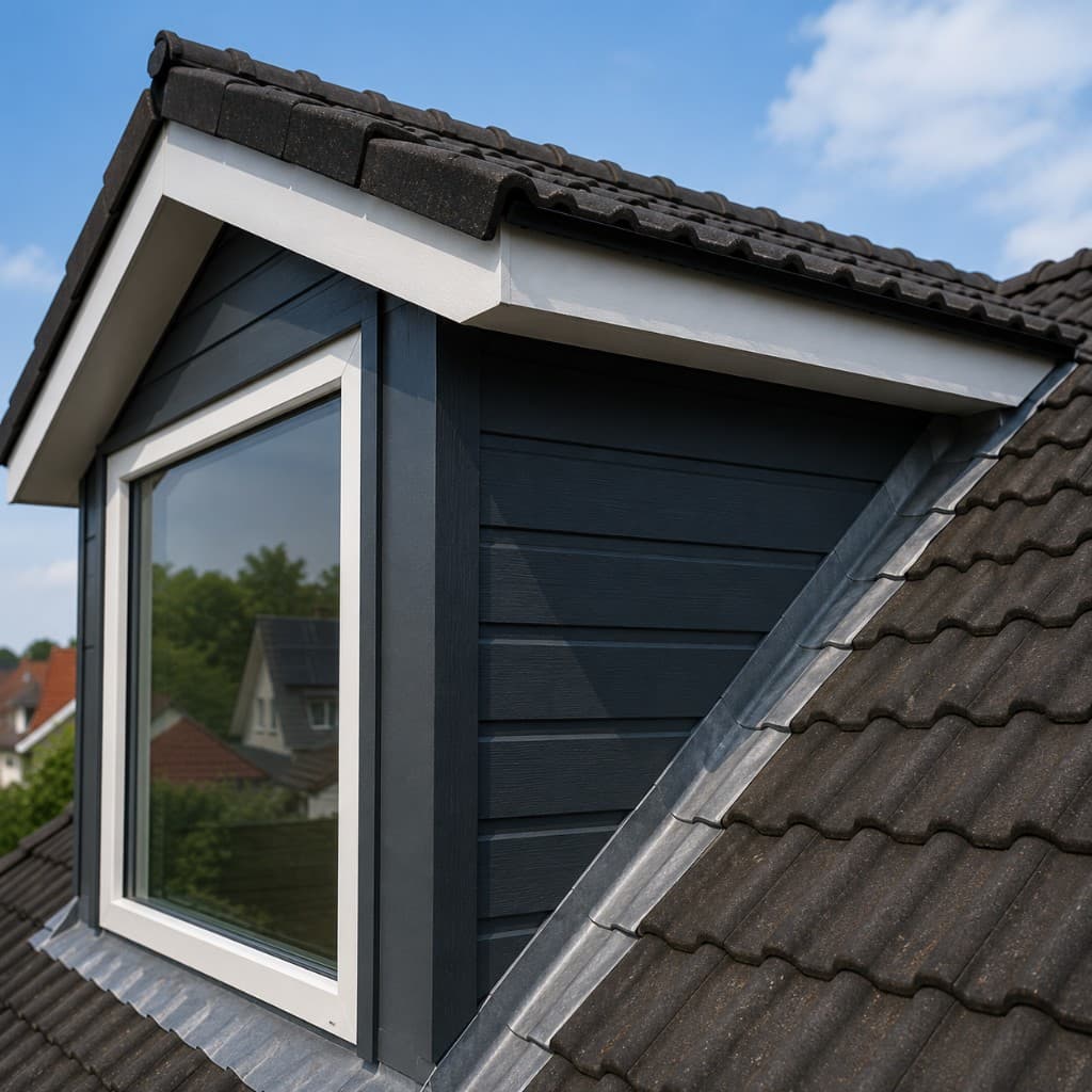 Schuine dakkapel met antraciet zijbekleding en witte boeidelen op een pannendak