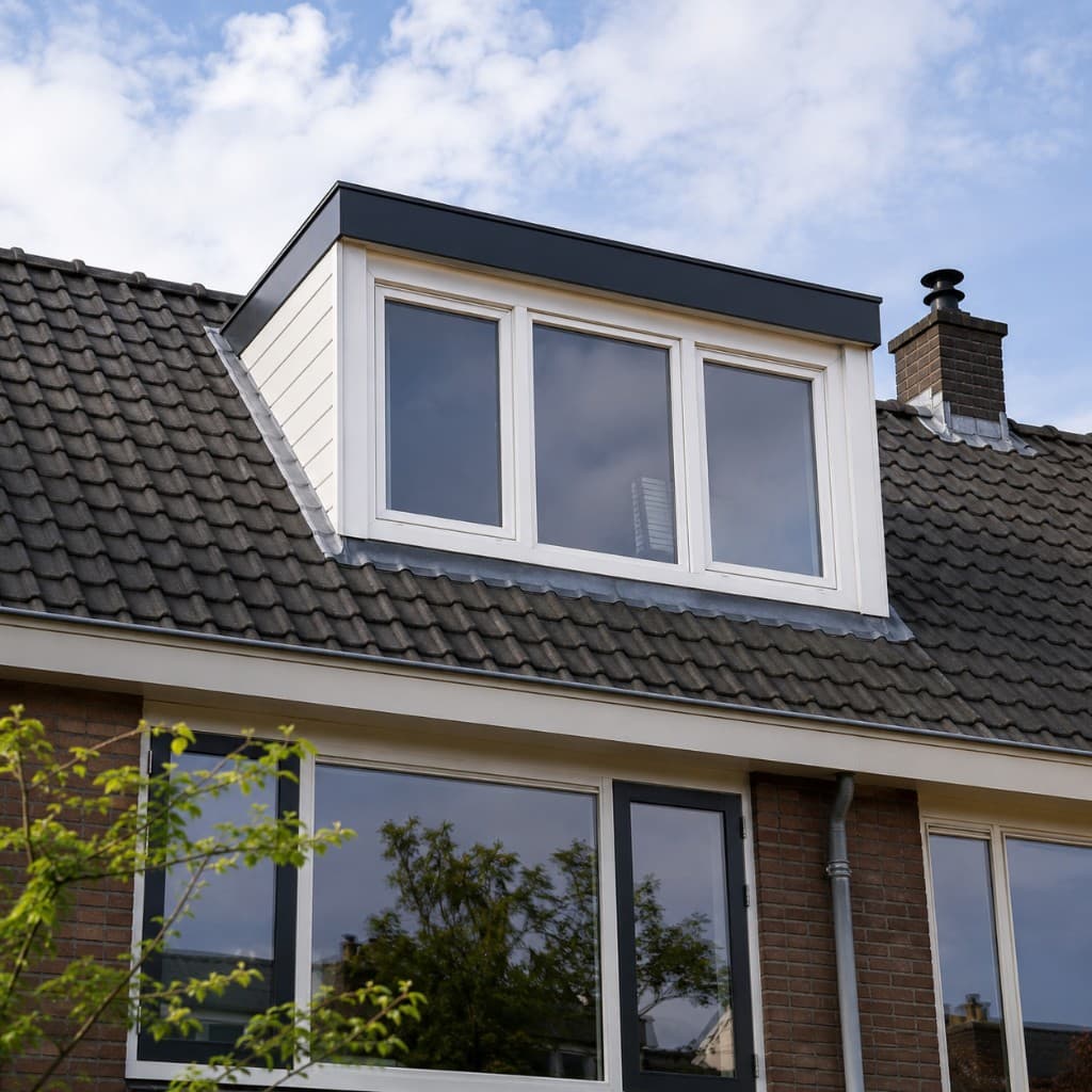 Witte klassieke dakkapel met drie ramen op een bakstenen woning