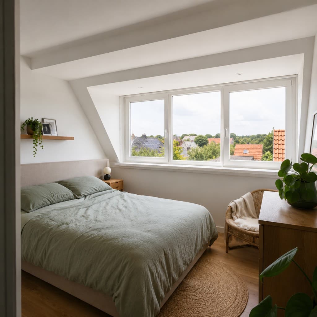 Lichte zolderslaapkamer met veel daglicht door een grote dakkapel